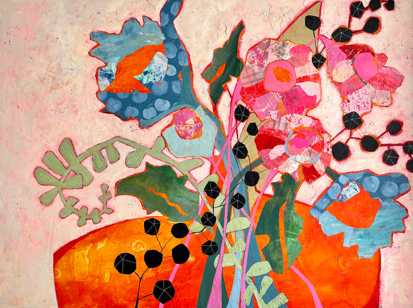 “Right from the Garden” - $1470 48”x 36” Acrylic paint and painted papers on gallery depth canvas