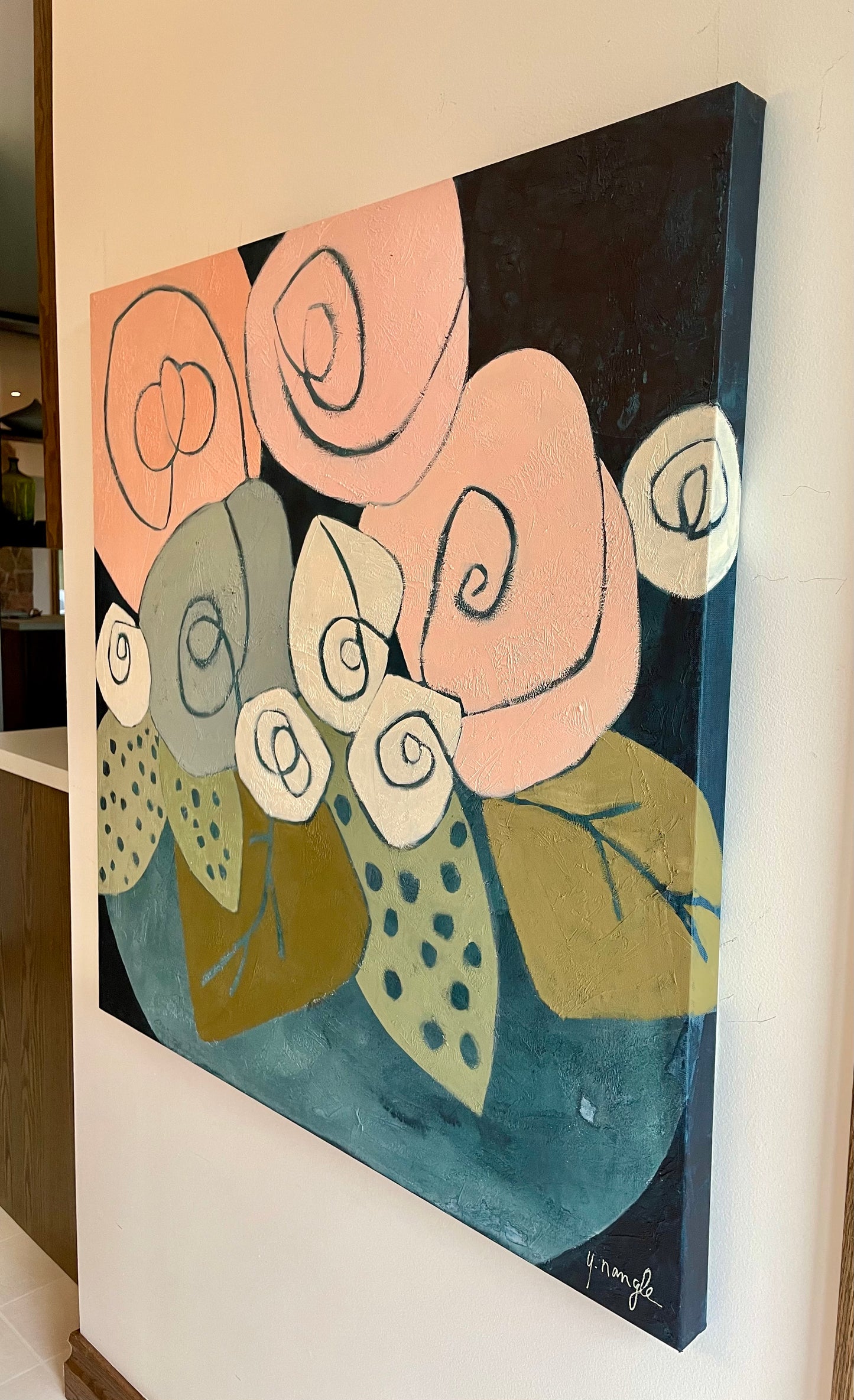 “Cinnabon Blooms” $1500 36”x 36” Acrylic paint on gallery depth canvas