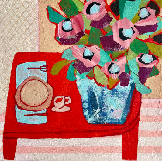 “Pink Flowers with Dinner”  $350 - 12"x 12" Acrylic on canvas