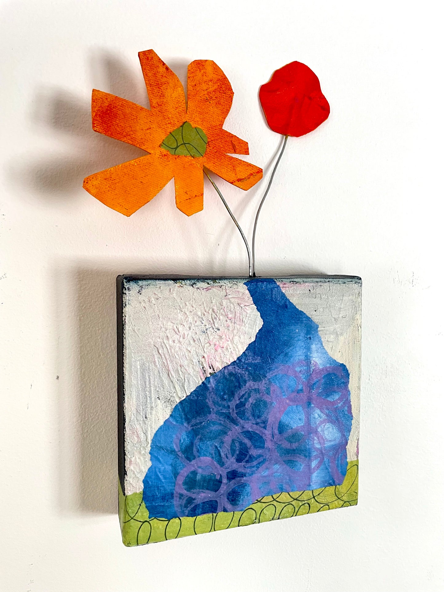 "Blooms Escaping Yellow Flower with Red Dot" $100 6"x 12" canvas and sculptural flowers