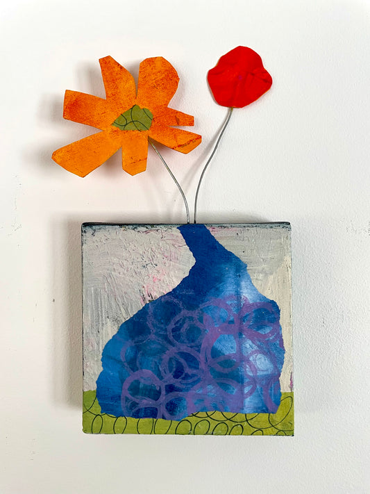 "Blooms Escaping Yellow Flower with Red Dot" $100 6"x 12" canvas and sculptural flowers