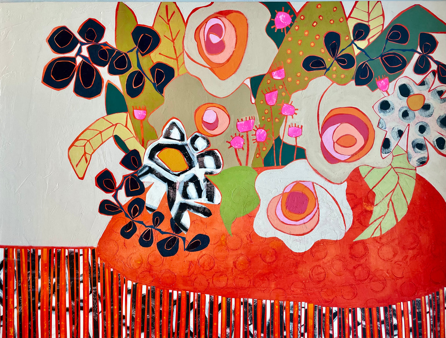 “All Things Bloom” - $1470 48”x 36” Acrylic paint and painted papers on gallery depth canvas