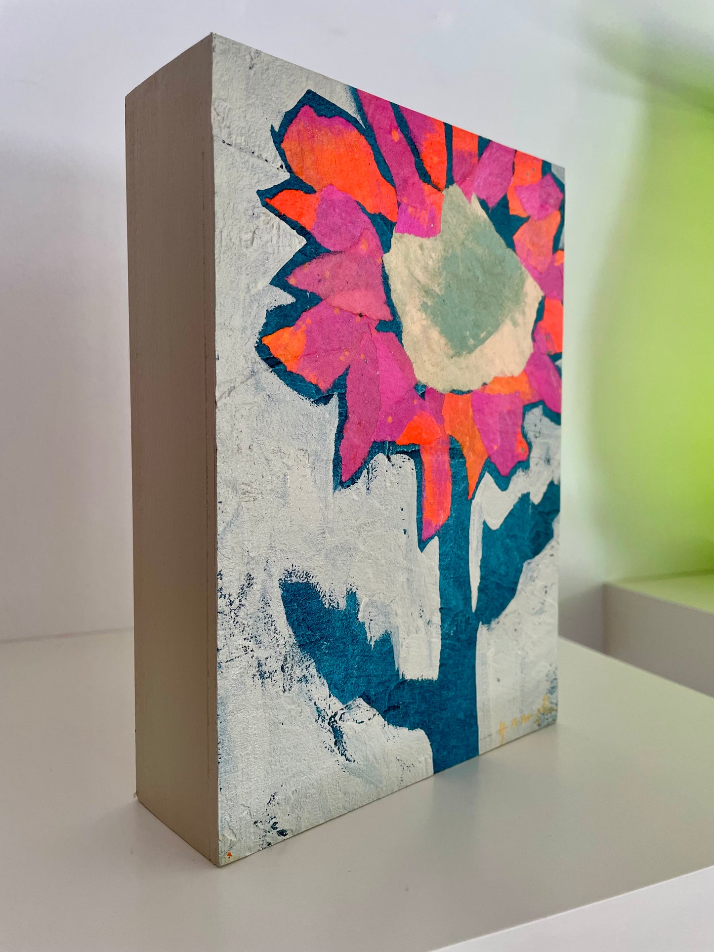 "Hello Sunflower" $90  5”x 7” acrylic paint and painted papers on gallery depth wooden canvas