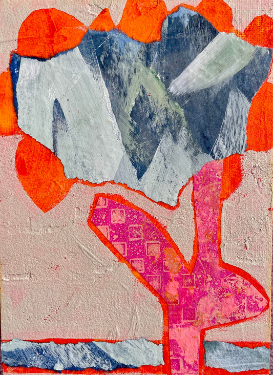 "Hello Orange" $90  5”x 7” acrylic paint and painted papers on gallery depth wooden canvas