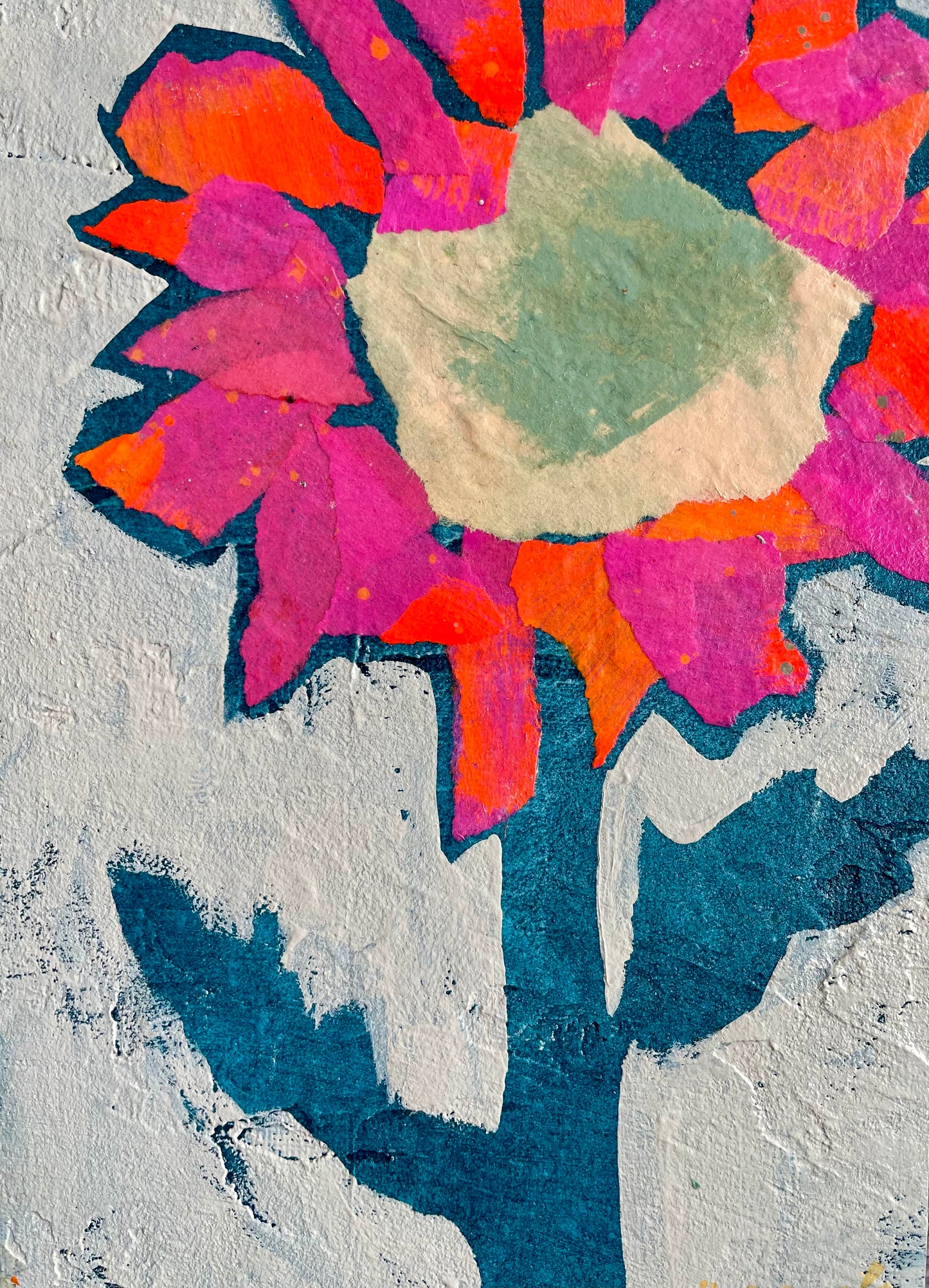 "Hello Sunflower" $90  5”x 7” acrylic paint and painted papers on gallery depth wooden canvas