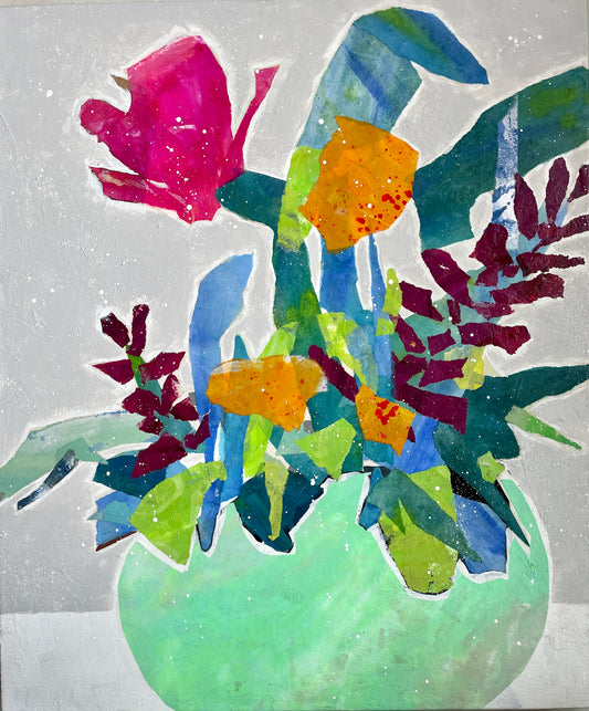 colorful mixed media original painting of abstract flowers in a teal vase wall art