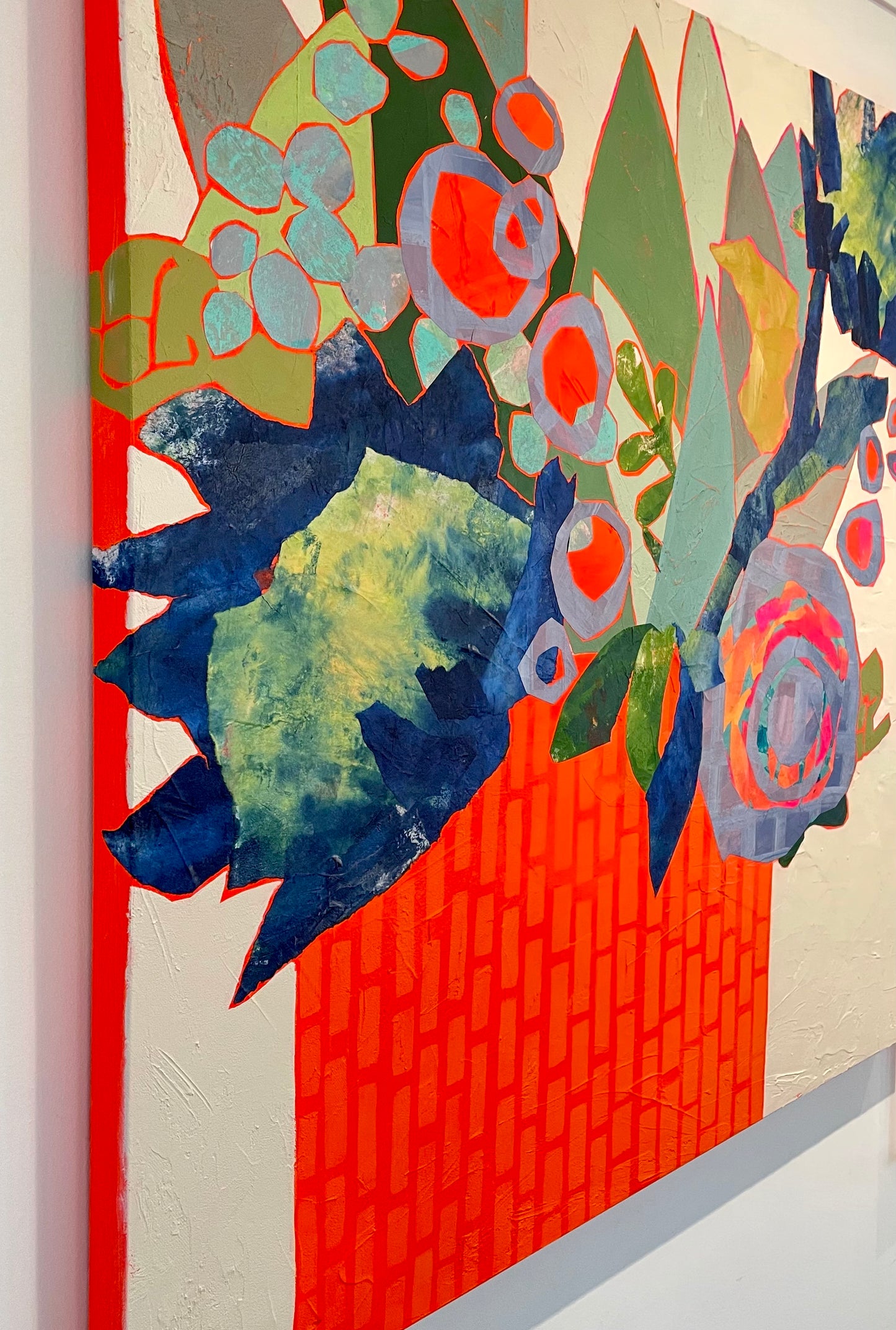 “Orange Abundance ” $1500- 36”x 36” Acrylic paint and painted papers on gallery depth canvas