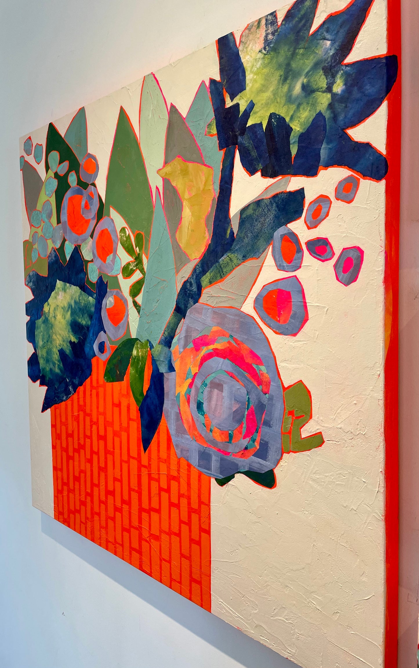 “Orange Abundance ” $1500- 36”x 36” Acrylic paint and painted papers on gallery depth canvas