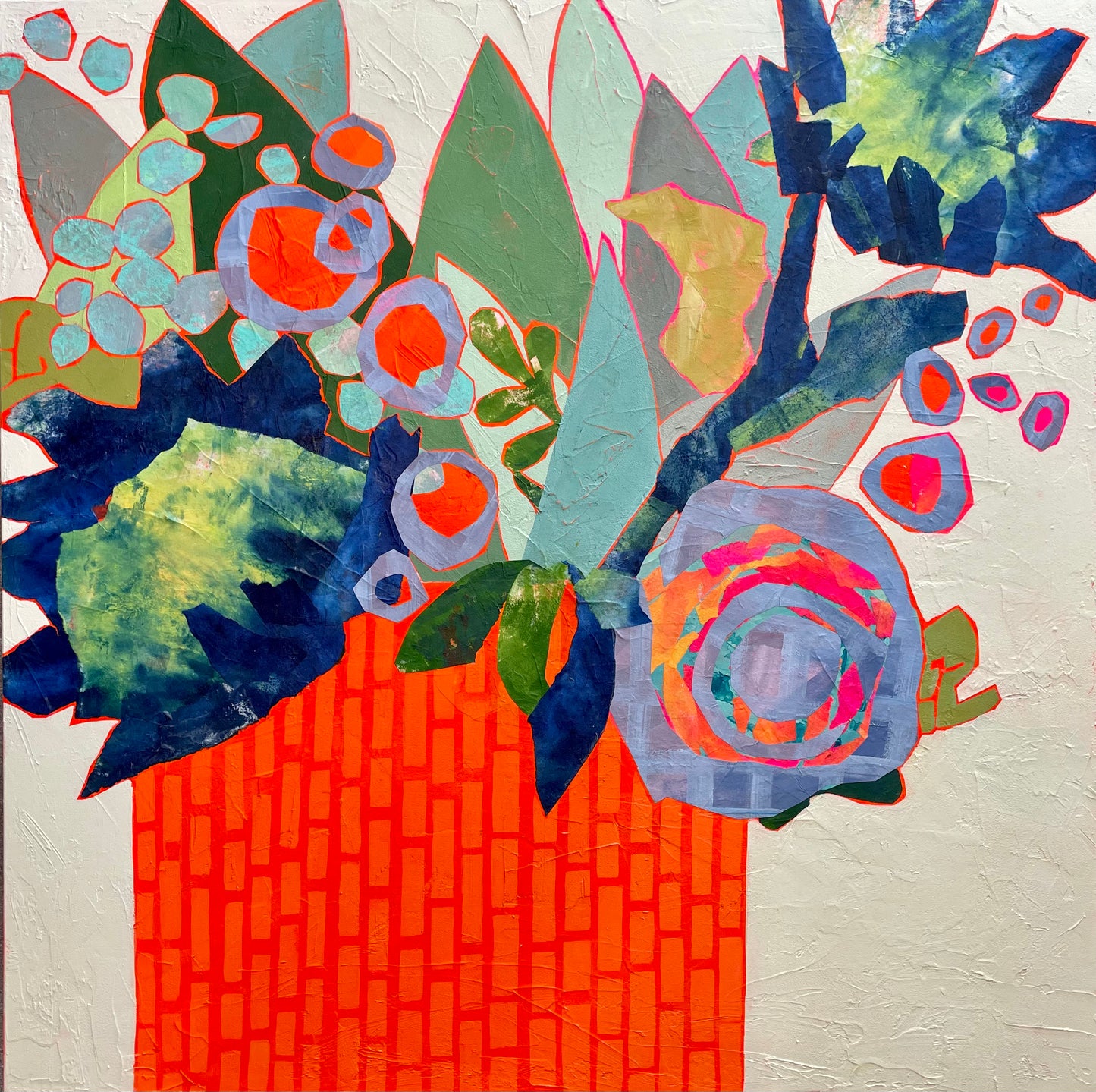 “Orange Abundance ” $1500- 36”x 36” Acrylic paint and painted papers on gallery depth canvas