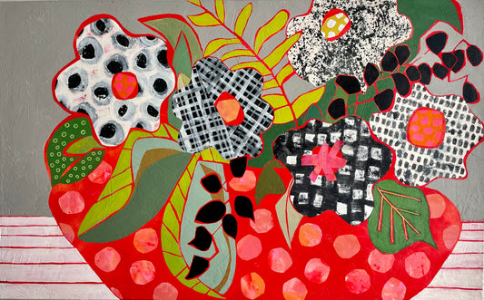 “What is Black and White and Red All Over” $1800 - 48”x 30” Acrylic paint and painted papers on gallery depth canvas