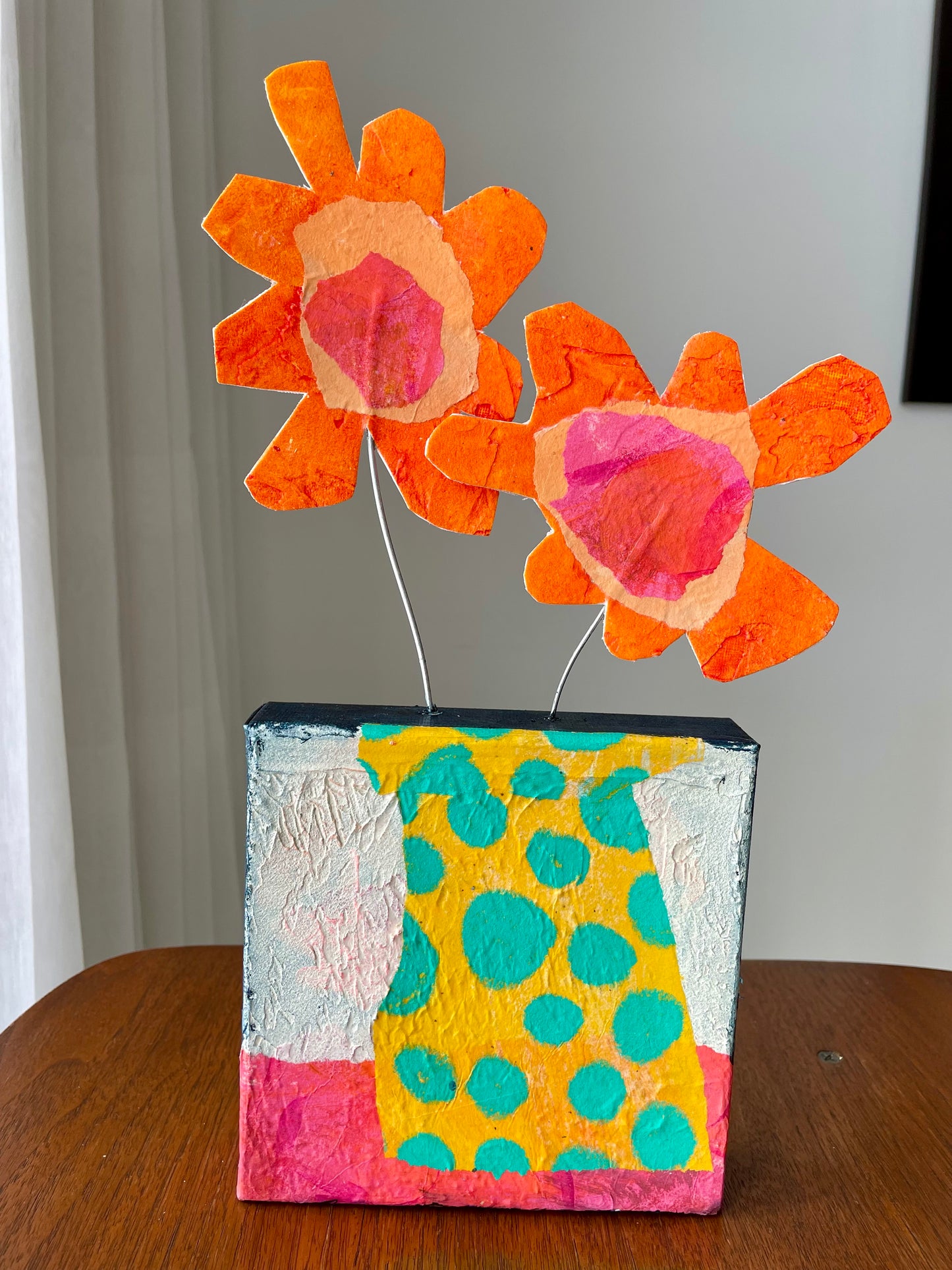 "Blooms Escaping Yellow Vase with Polkadots" $100 6"x 14" canvas and sculptural flowers