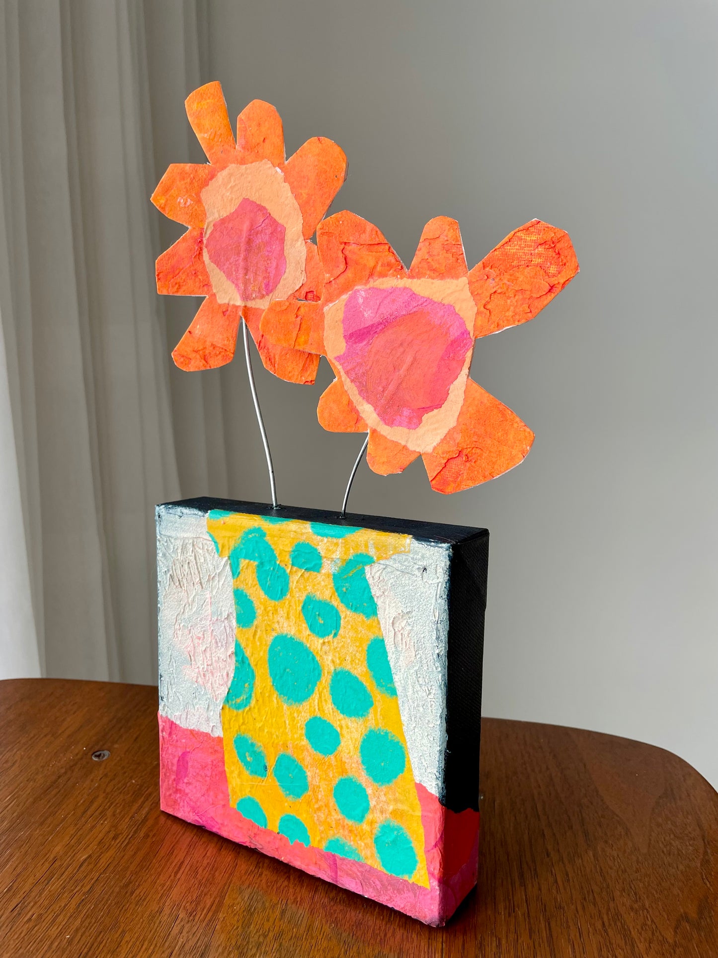 "Blooms Escaping Yellow Vase with Polkadots" $100 6"x 14" canvas and sculptural flowers