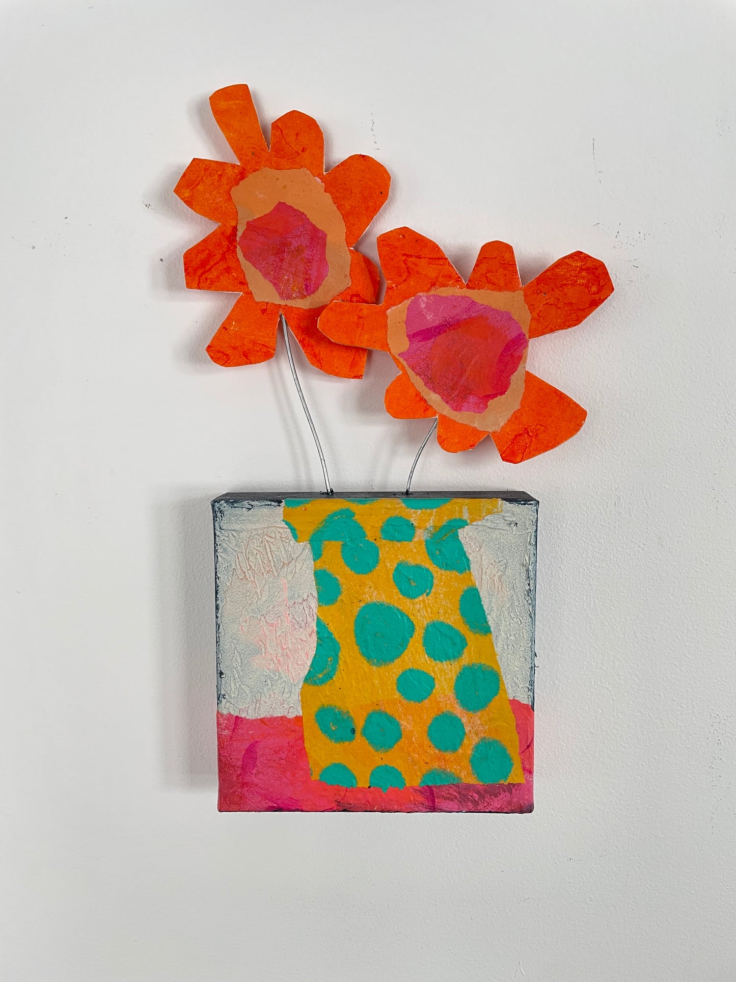 "Blooms Escaping Yellow Vase with Polkadots" $100 6"x 14" canvas and sculptural flowers