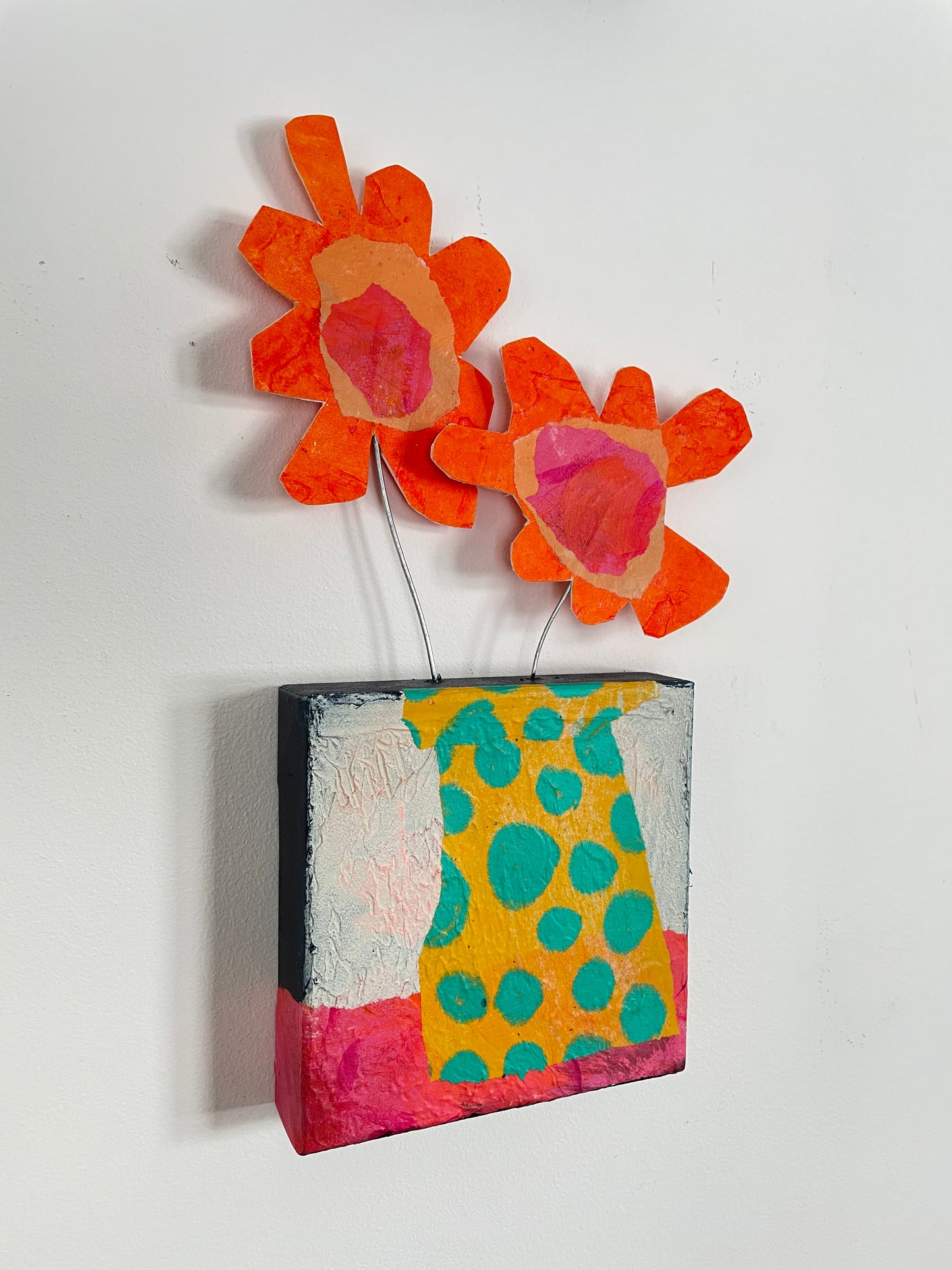 "Blooms Escaping Yellow Vase with Polkadots" $100 6"x 14" canvas and sculptural flowers