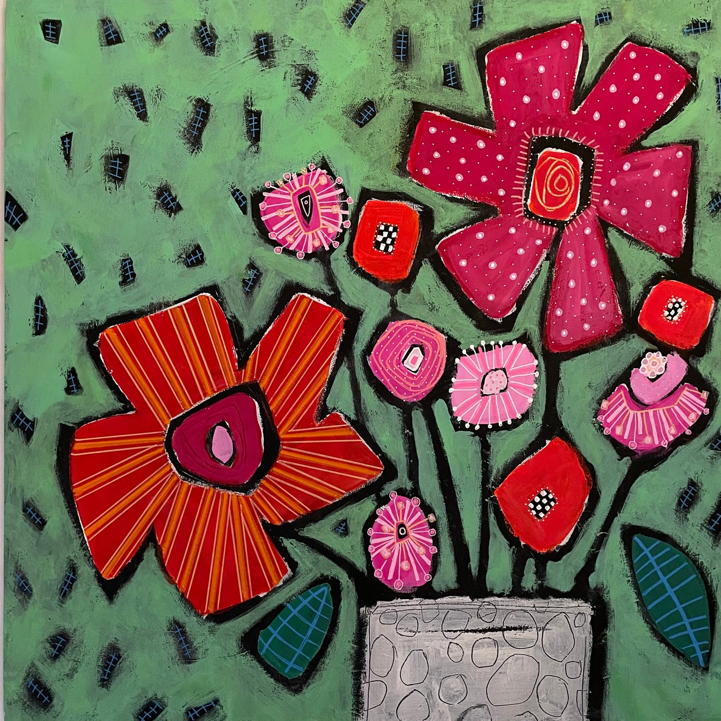 "Red Flower Doodle Bouquet”  $580 - 20"x20" Acrylic on cradled wooden canvas