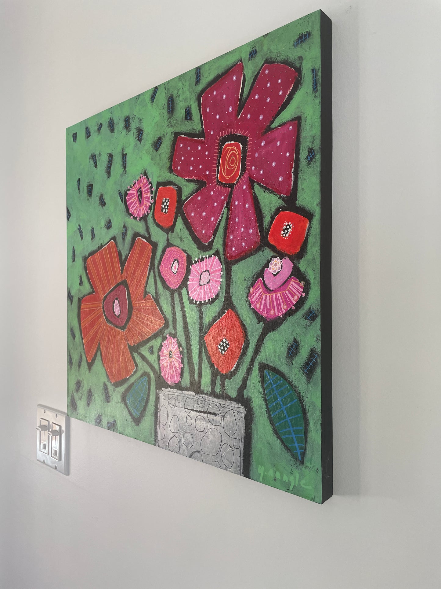 "Red Flower Doodle Bouquet”  $580 - 20"x20" Acrylic on cradled wooden canvas